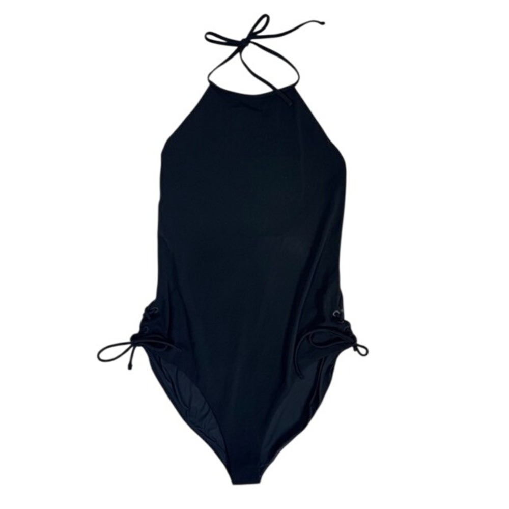 Unsubscribed NEW Black High Neck Halter Lace Up One Piece Swimsuit XL Minimalist